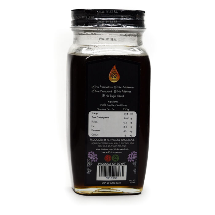 Al-firdous Black Seed Honey Pure Natural Organic Glass Bottle 500g - Image 2