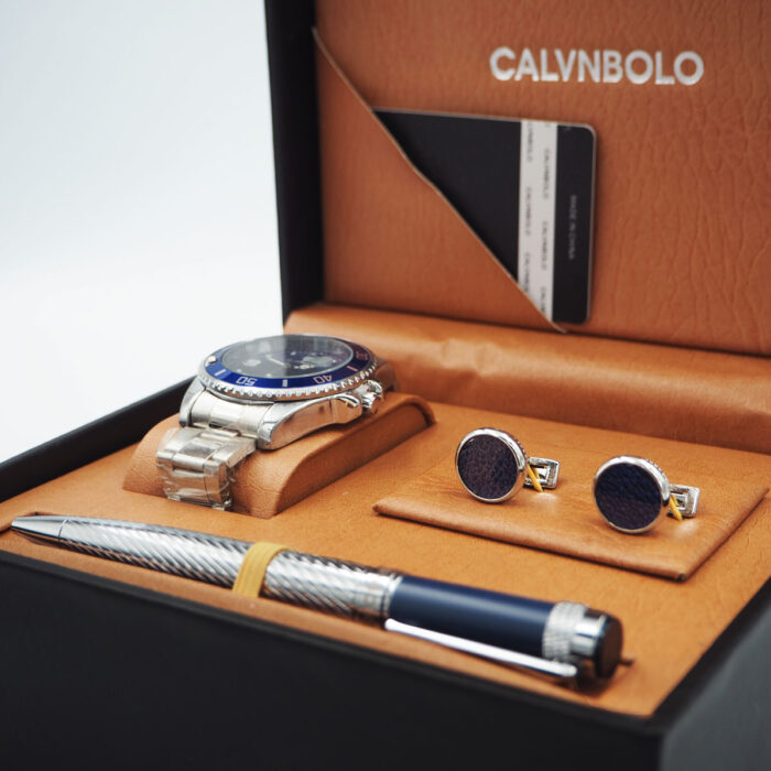 CALVNBOLO Watch Set For Men Analog Steel Strap Blue Silver CALVNBOLO 28